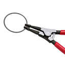 This is an image of circlip pliers with red handles holding a circular metal ring, from Kennedys Welding Supplies in Derwent Park TAS offering tool shop and welding specialists services