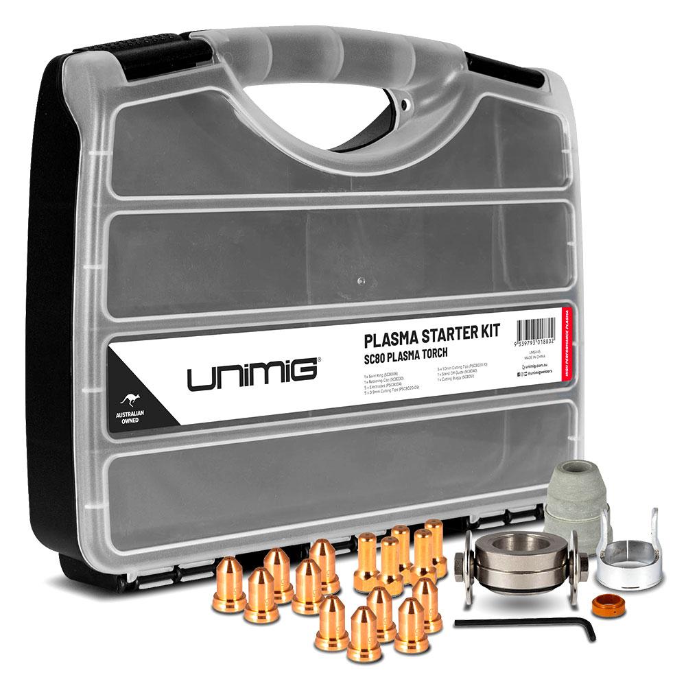 This is an image of a Unimig Plasma Starter Kit with accessories in a plastic case, from Kennedys Welding Supplies in Derwent Park TAS, offering tool shop and welding specialist services