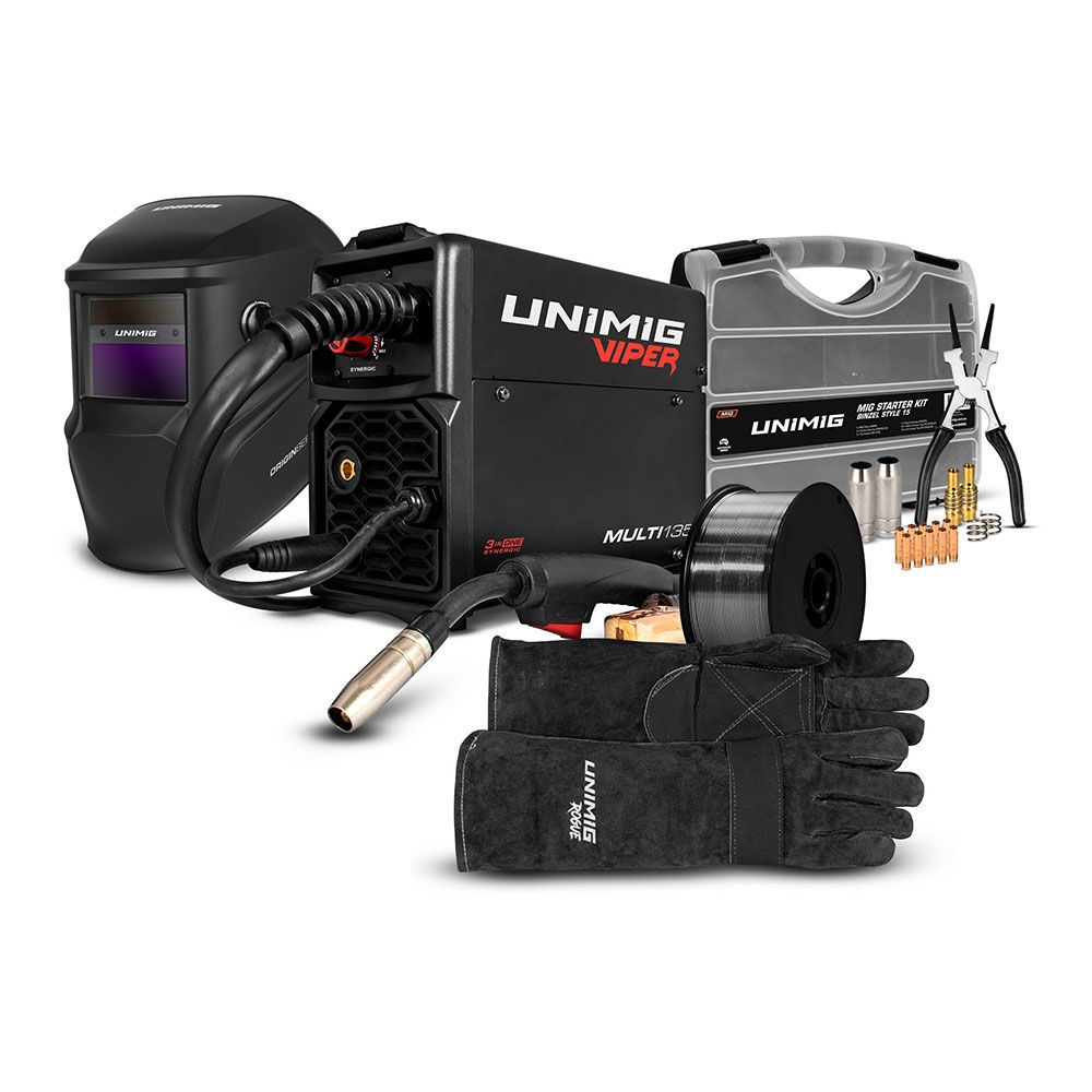UNIMIG VIPER 135 MIG TIG WELDER + HELMET CONSUMABLES GLOVES WIRE PK11100 U11005K