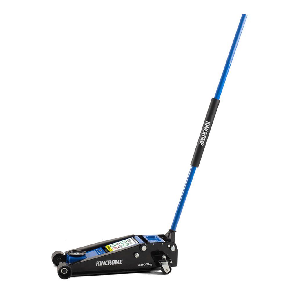 This is an image of a Kincrome 2800kg floor jack with blue handle, offered by Kennedys Welding Supplies in Derwent Park TAS, Tool Shop and Welding Specialists