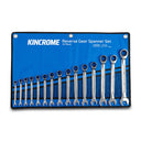 This is an image of Kincrome 15-piece Reverse Gear Spanner Set on a blue tool roll by Kennedys Welding Supplies in Derwent Park TAS
