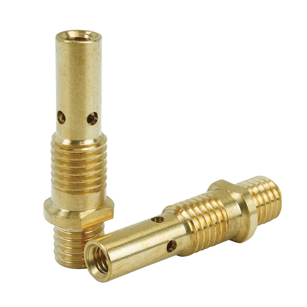 This is an image of two brass welding consumable parts, detailed with threaded sections, from Kennedys Welding Supplies in Derwent Park TAS, offering welding specialists and tool shop services.