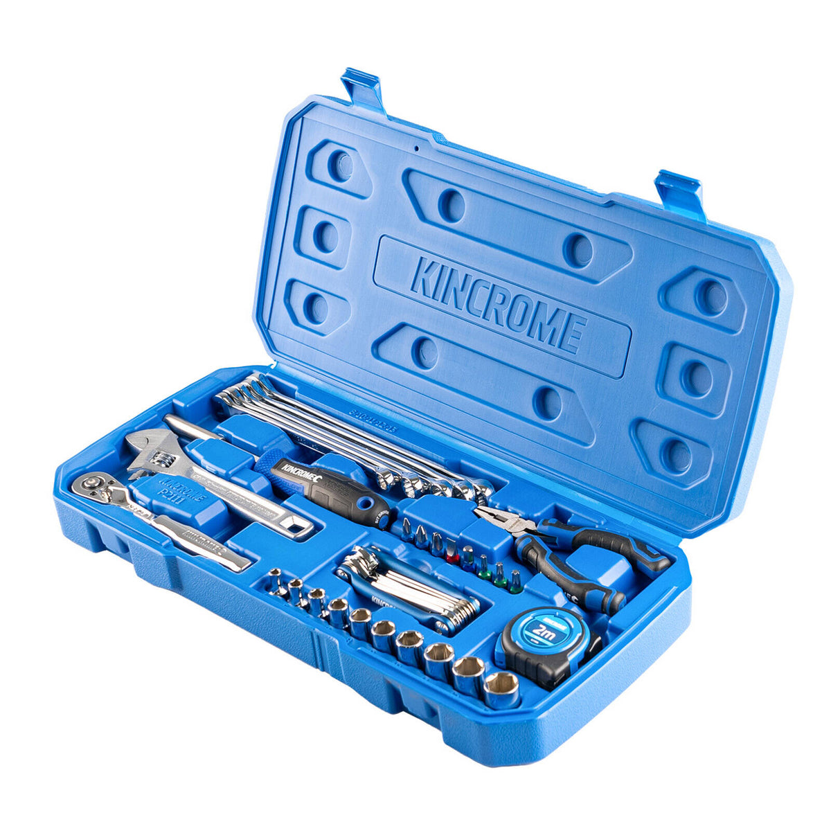This is an image of a blue Kincrome tool kit with wrenches, pliers, screwdriver and tape measure at Kennedys Welding Supplies Derwent Park TAS