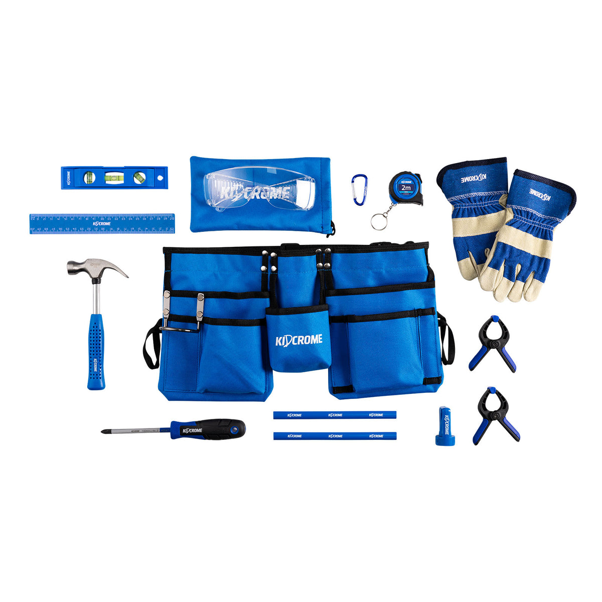 This is an image of a blue kidcrome tool belt set with hammer, gloves, safety glasses, screwdriver, level, tape measure and clamps from Kennedys Welding Supplies Derwent Park TAS