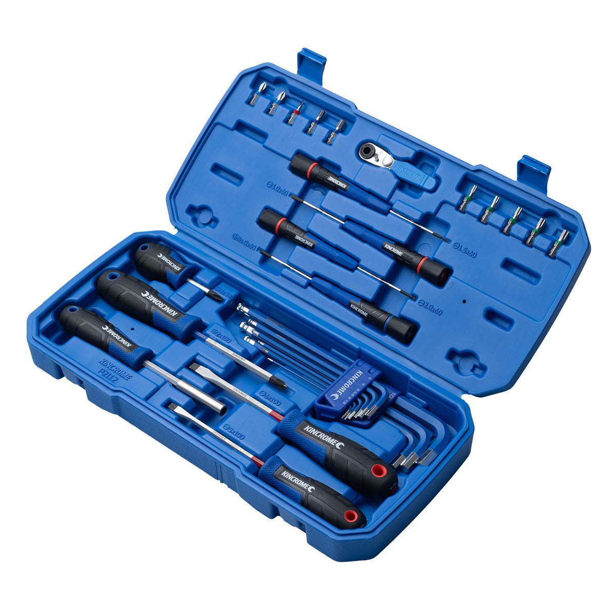 This is an image of a blue tool kit set with screwdrivers, hex keys, and bits by Kincrome at Kennedys Welding Supplies in Derwent Park TAS