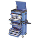 This is an image of a blue Kincrome tool chest with multiple open drawers showing organized hand tools, wheel casters, and side trays, offered by Kennedys Welding Supplies in Derwent Park TAS, specializing in tool shop, power tool repairs, welding specialists.