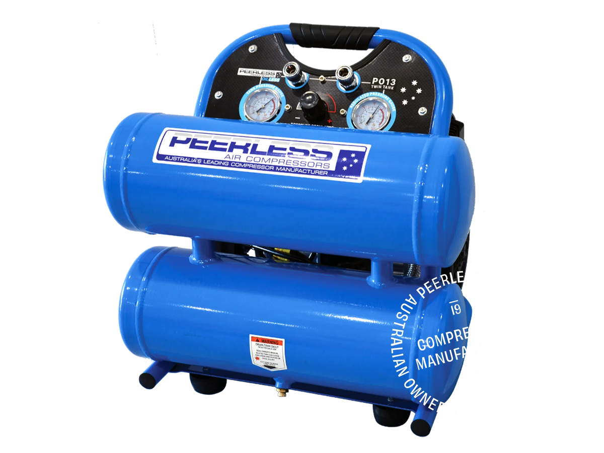 This is an image of a blue Peerless air compressor with twin tanks, offered by Kennedys Welding Supplies in Derwent Park TAS, providing tool shop, laser cutting and welding specialist services.