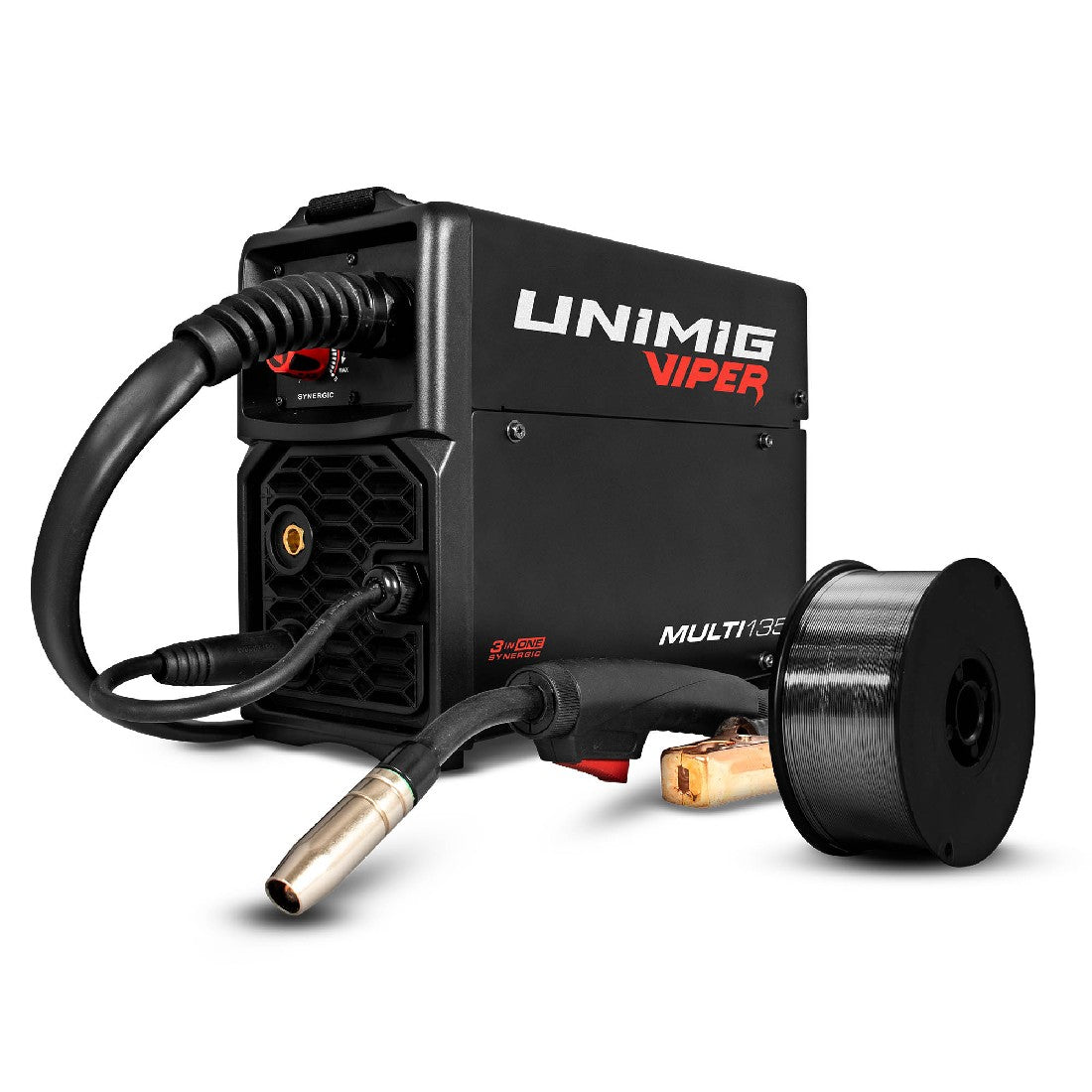 This is an image of a Unimig Viper Multi 135 welding machine with cables and wire spool, offered by Kennedys Welding Supplies in Derwent Park, TAS, specializing in tool shop and welding services.