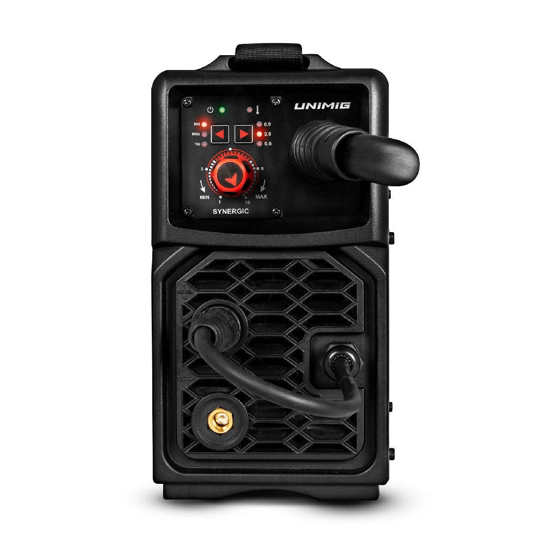 This is an image of a black Unimig Synergic welding machine with control knobs and cables, offered by Kennedys Welding Supplies in Derwent Park, TAS, providing tool shop, welding specialists, power tool repairs, laser cutting, onsite tool truck services.