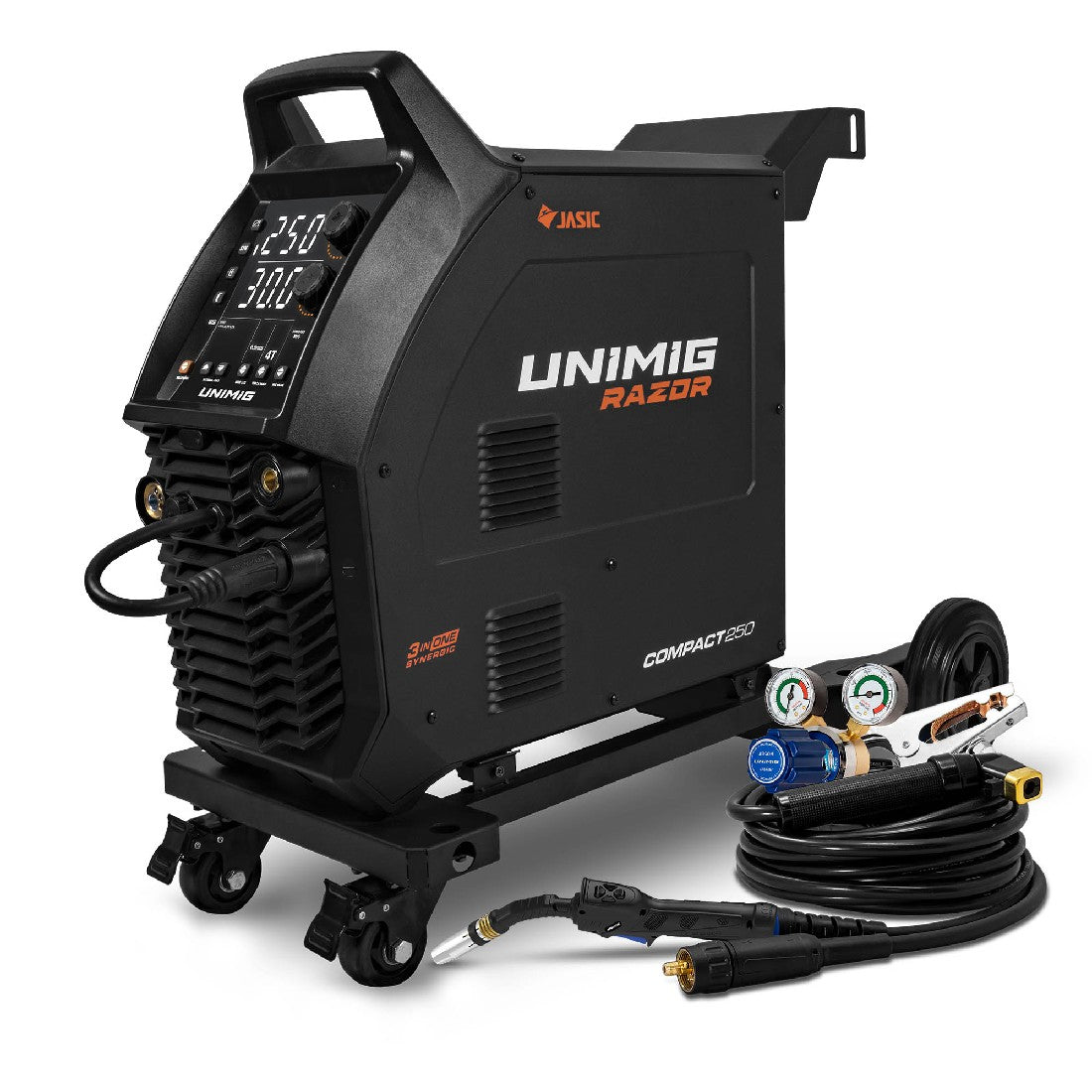 This is an image of a Jasic UNIMIG Razor Compact 250 welding machine with cables, displayed by Kennedys Welding Supplies in Derwent Park TAS, offering tool shop and welding specialists services