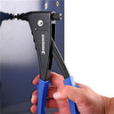 This is an image of a hand using Kincrome rivet tool on metal, featured by Kennedys Welding Supplies in Derwent Park TAS, welding specialists and tool shop