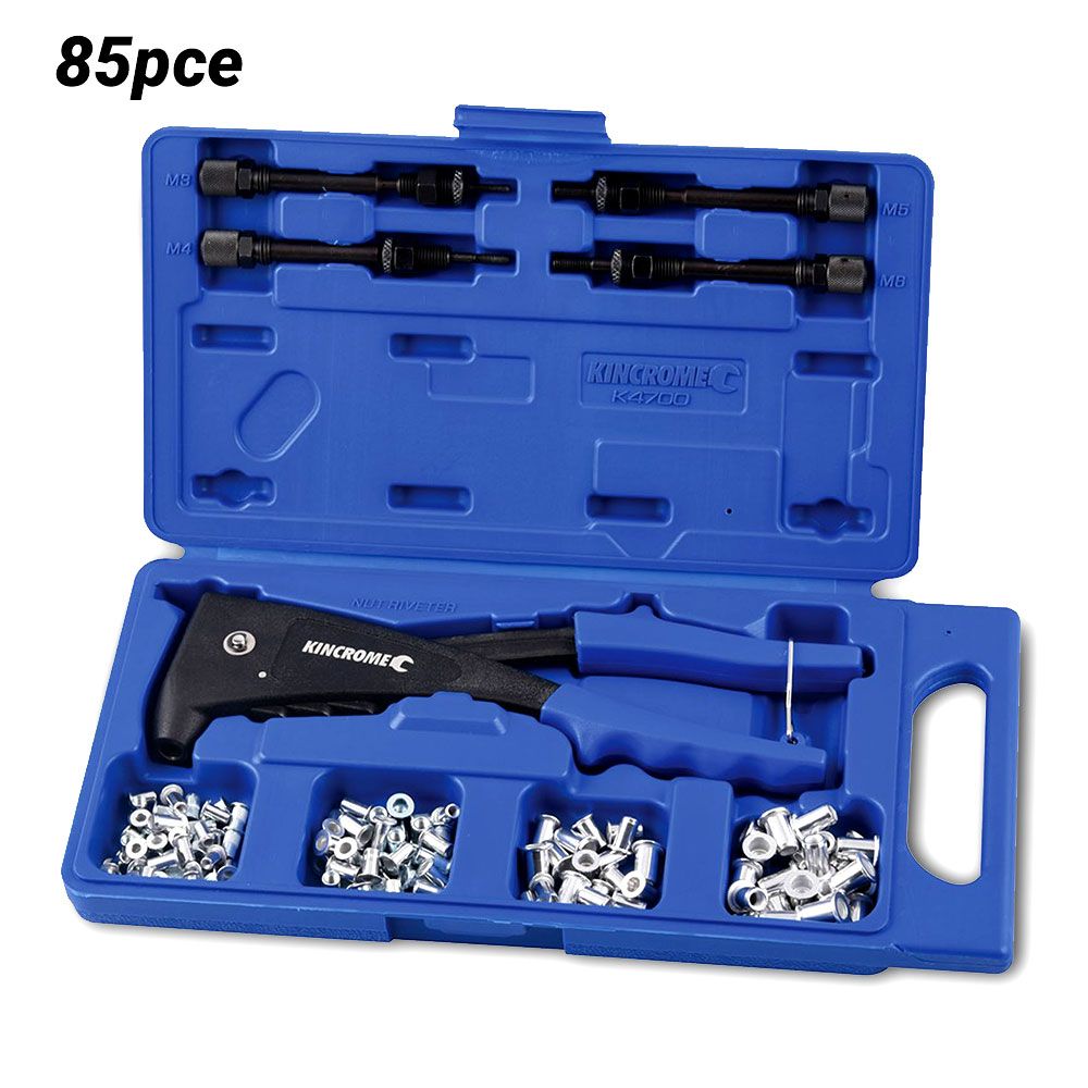 This is an image of Kincrome riveter tool kit in blue case with rivets, offered by Kennedys Welding Supplies in Derwent Park TAS, tool shop and welding specialists.