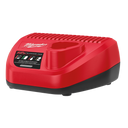 This is an image of a red Milwaukee 12V Lithium-Ion battery charger, available at Kennedys Welding Supplies in Derwent Park, Tasmania, offering tool shop and power tool repairs
