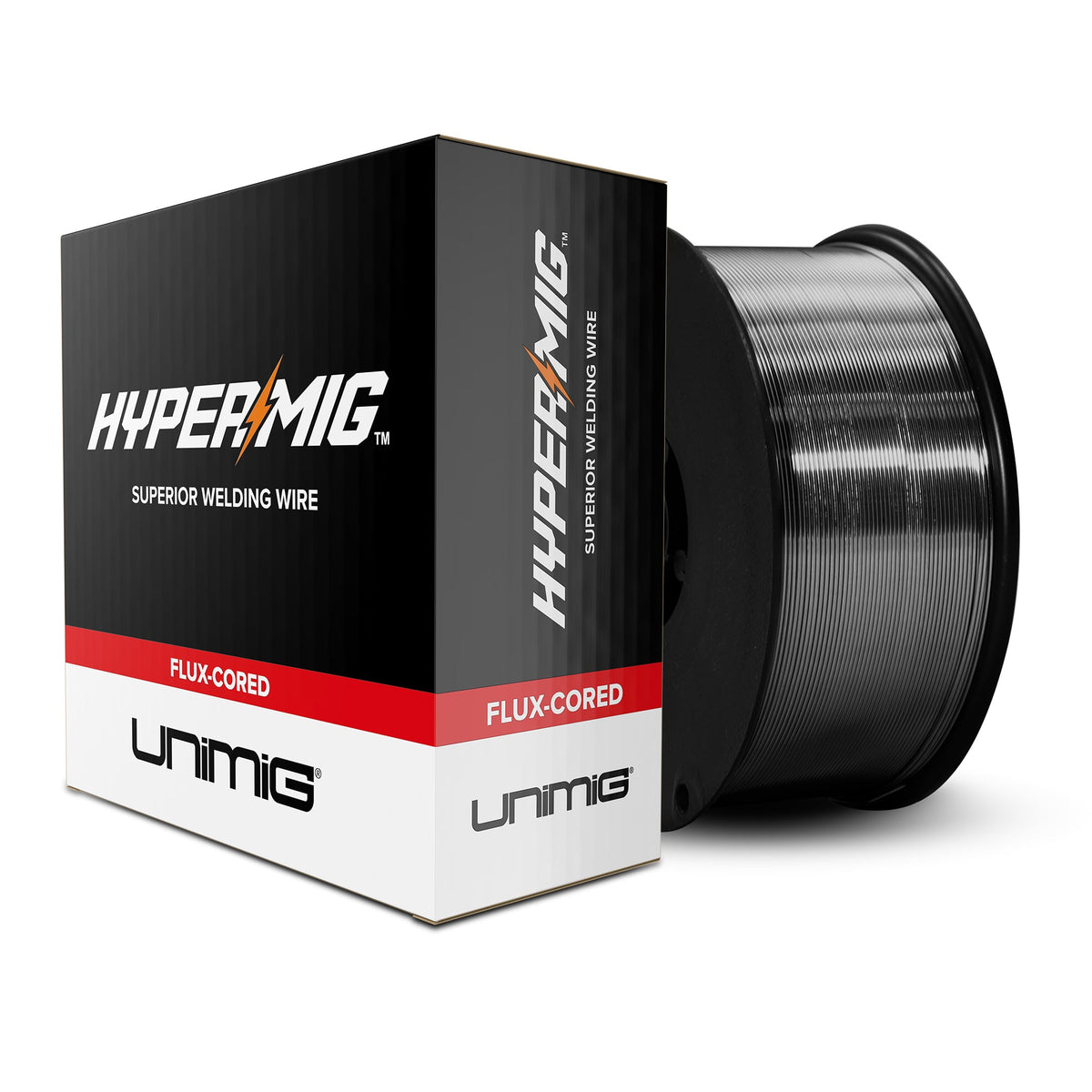 This is an image of HyperMIG flux-cored welding wire spool and box by Unimig, from Kennedys Welding Supplies in Derwent Park TAS, offering tool shop and welding specialists