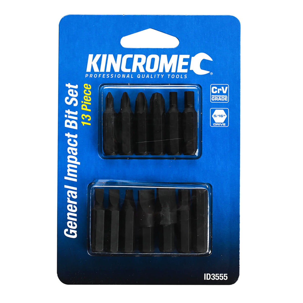This is an image of Kincrome 13-piece General Impact Bit Set in blue packaging, available at Kennedys Welding Supplies in Derwent Park TAS, Tool Shop and Welding Specialists