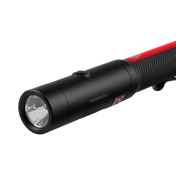 This is an image of a black and red handheld torch flashlight, featured by Kennedys Welding Supplies in Derwent Park, TAS, offering tool shop services.