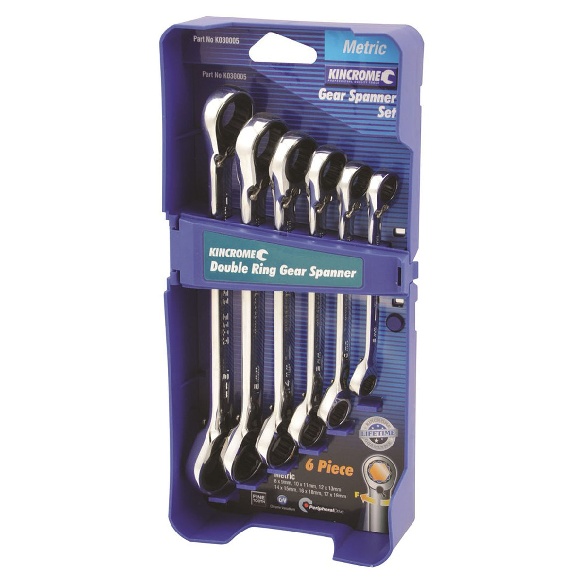 This is an image of a Kincrome double ring gear spanner set 6 piece in blue case at Kennedys Welding Supplies Derwent Park TAS
