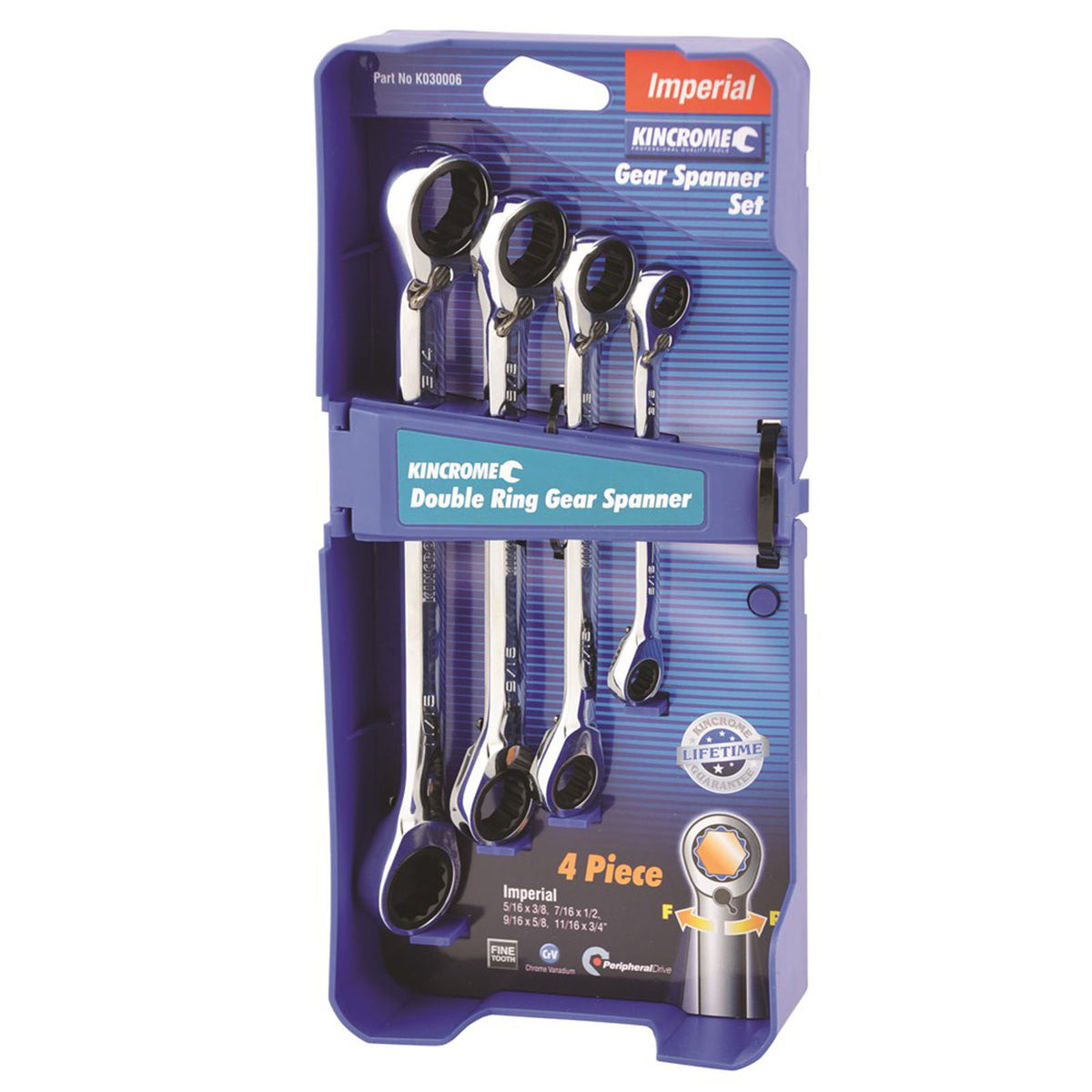 This is an image of Kincrome 4-piece Double Ring Gear Spanner set in blue packaging, offered by Kennedys Welding Supplies in Derwent Park TAS