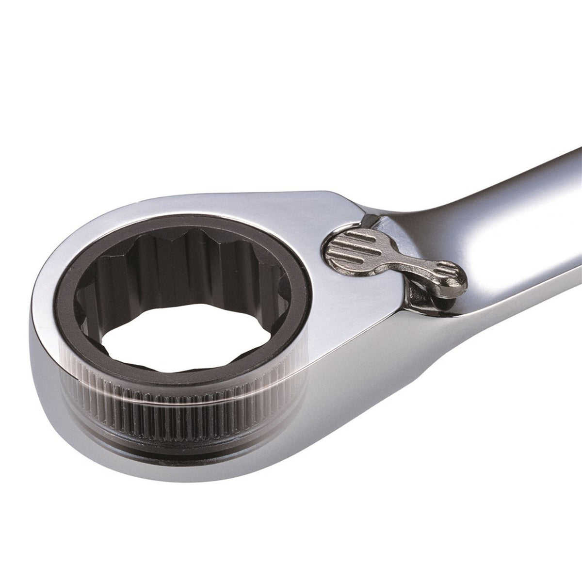 This is an image of a close-up chrome ratchet wrench head by Kennedys Welding Supplies in Derwent Park TAS, Tool Shop and Welding Specialists.