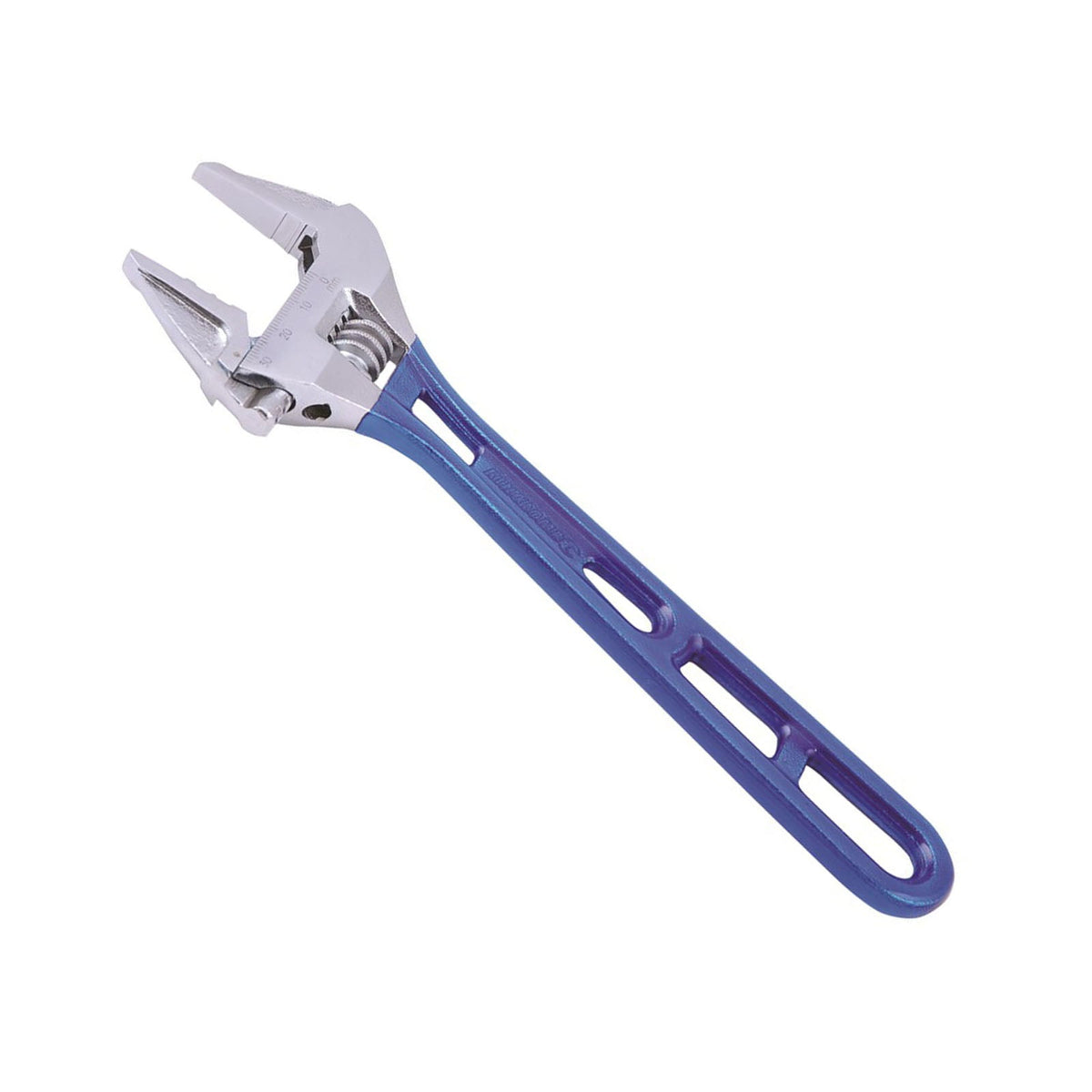 This is an image of an adjustable wrench with a blue handle, offered by Kennedys Welding Supplies in Derwent Park, TAS, Tool Shop and Welding Specialists.