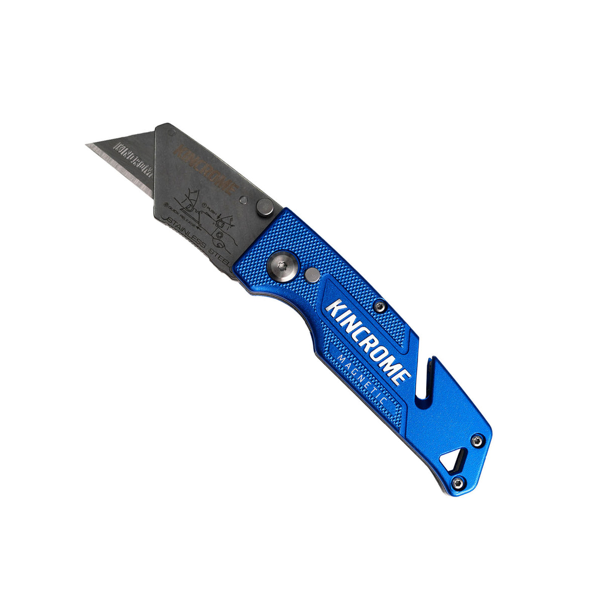 This is an image of a blue Kincrome folding utility knife with stainless steel blade, offered by Kennedys Welding Supplies in Derwent Park, TAS, specializing in tool shop, power tool repairs, and welding specialists.