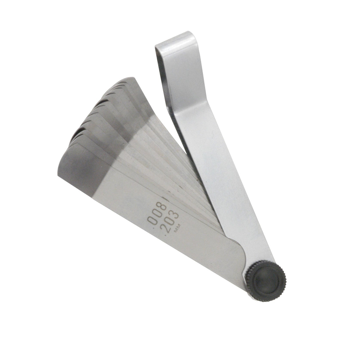 This is an image of a stainless steel feeler gauge tool with measurements, offered by Kennedys Welding Supplies in Derwent Park TAS, providing welding specialist services and tool shop support