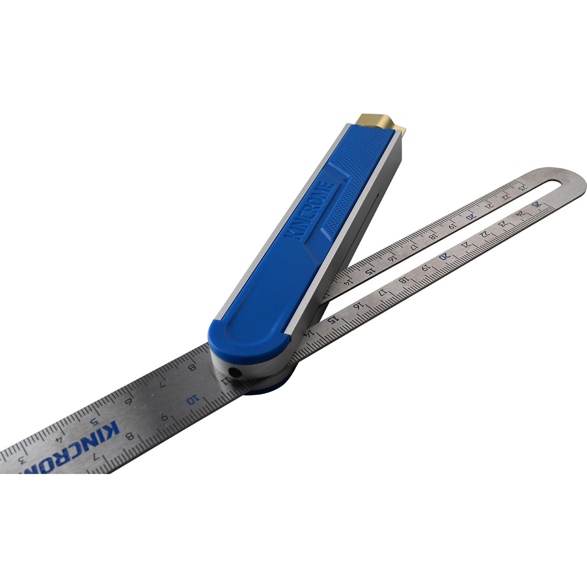 This is an image of a Kincrome stainless steel angle ruler with blue handle, offered by Kennedys Welding Supplies tool shop in Derwent Park TAS
