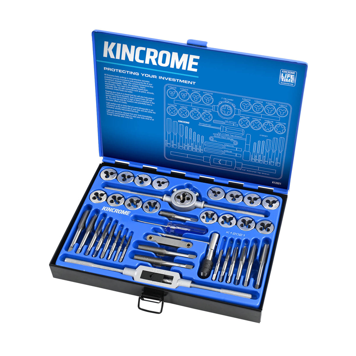 This is an image of a Kincrome K12021 tap and die set in a blue case, offered by Kennedys Welding Supplies in Derwent Park TAS, specializing in tool shop and welding services.