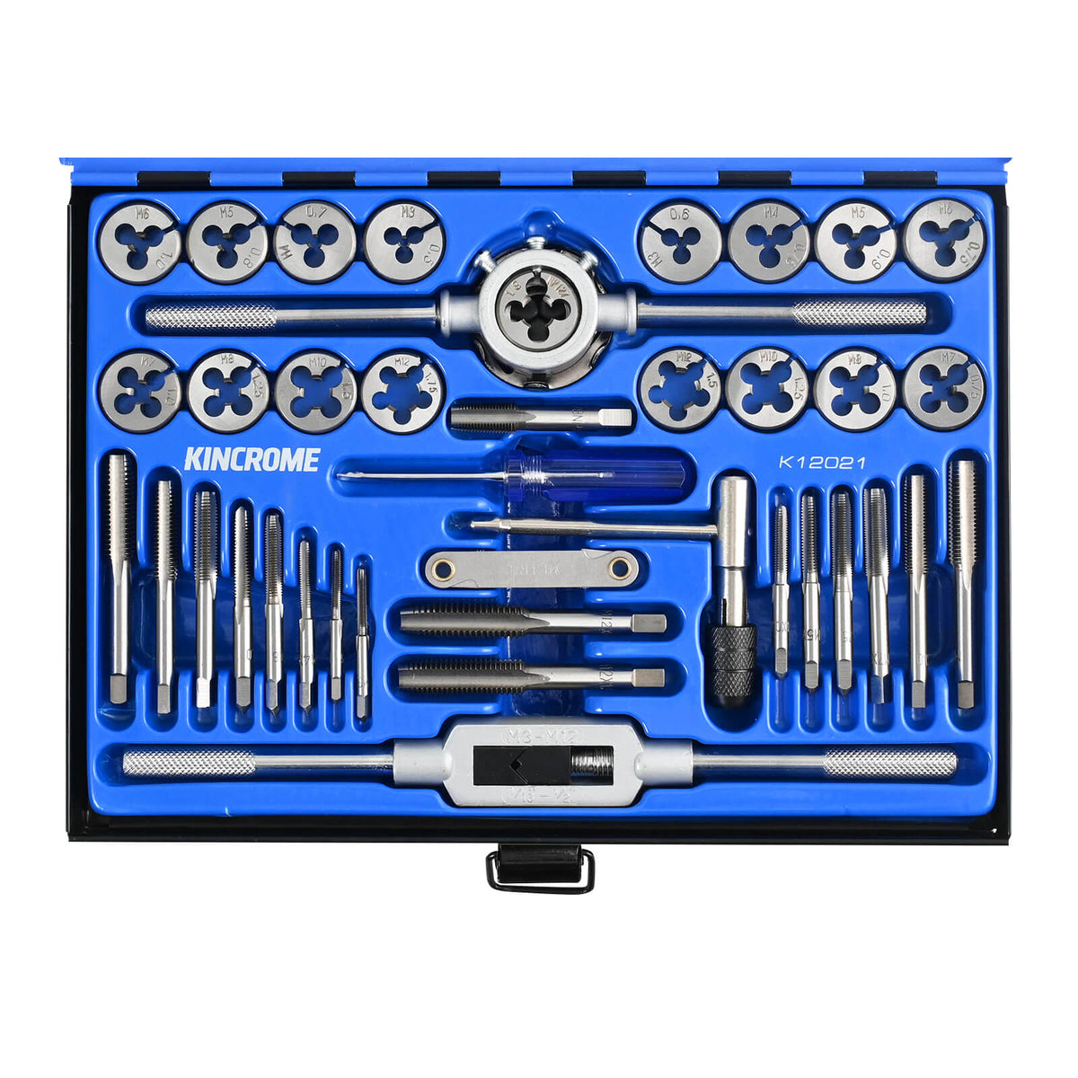 This is an image of a Kincrome tap and die set in blue case, offered by Kennedys Welding Supplies in Derwent Park TAS, Tool Shop and Welding Specialists