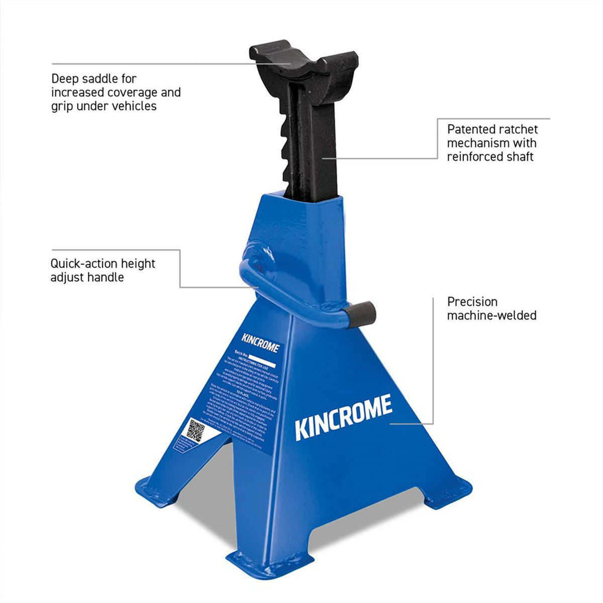 This is an image of a blue Kincrome jack stand with patented ratchet and quick-adjust handle at Kennedys Welding Supplies in Derwent Park TAS