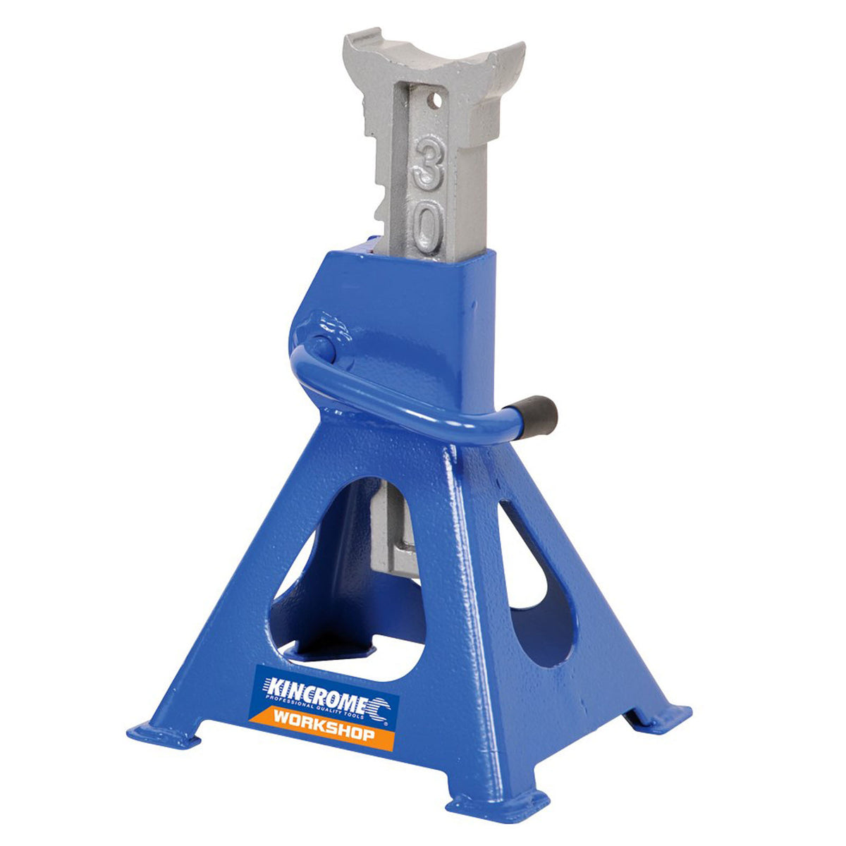 This is an image of a blue Kincrome 30-ton workshop jack stand, offered by Kennedys Welding Supplies in Derwent Park, TAS, Tool Shop and Welding Specialists.