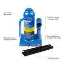 This is an image of a blue Kincrome hydraulic bottle jack with collapsible handle, offered by Kennedys Welding Supplies, Derwent Park TAS, Tool Shop and Welding Specialists