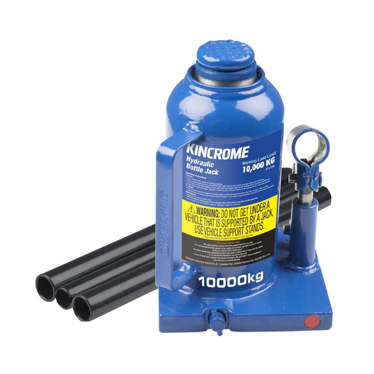 This is an image of a Kincrome hydraulic bottle jack with 10,000kg load limit, offered by Kennedys Welding Supplies in Derwent Park TAS