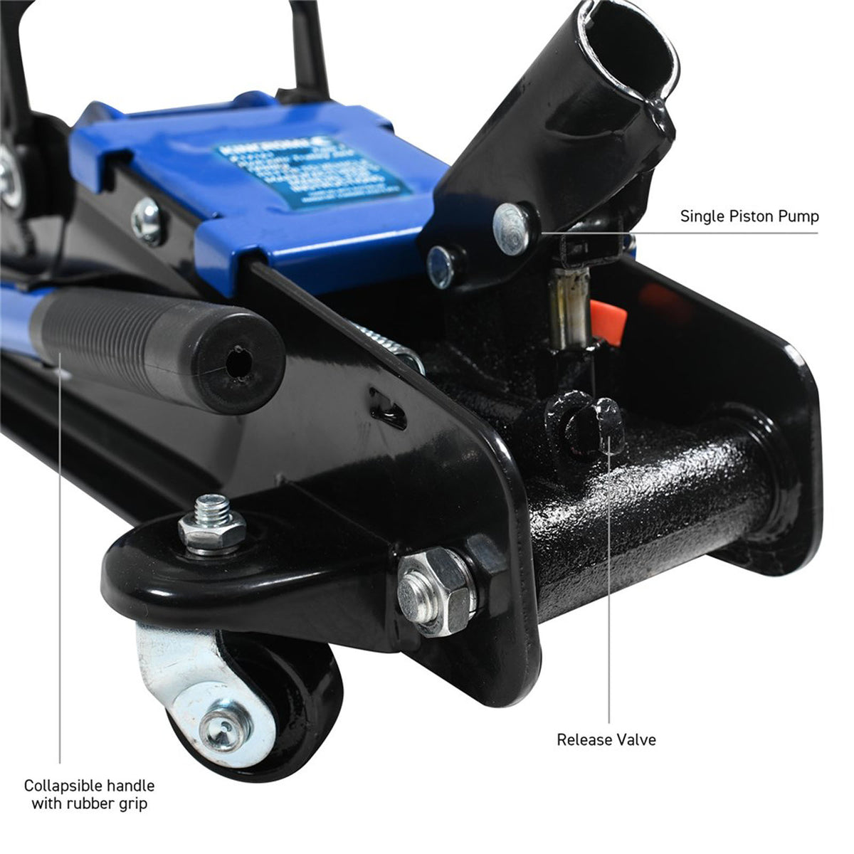 This is an image of a Blue and black hydraulic floor jack with single piston pump and collapsible handle, offered by Kennedys Welding Supplies in Derwent Park TAS, specializing in tool shop and welding services.