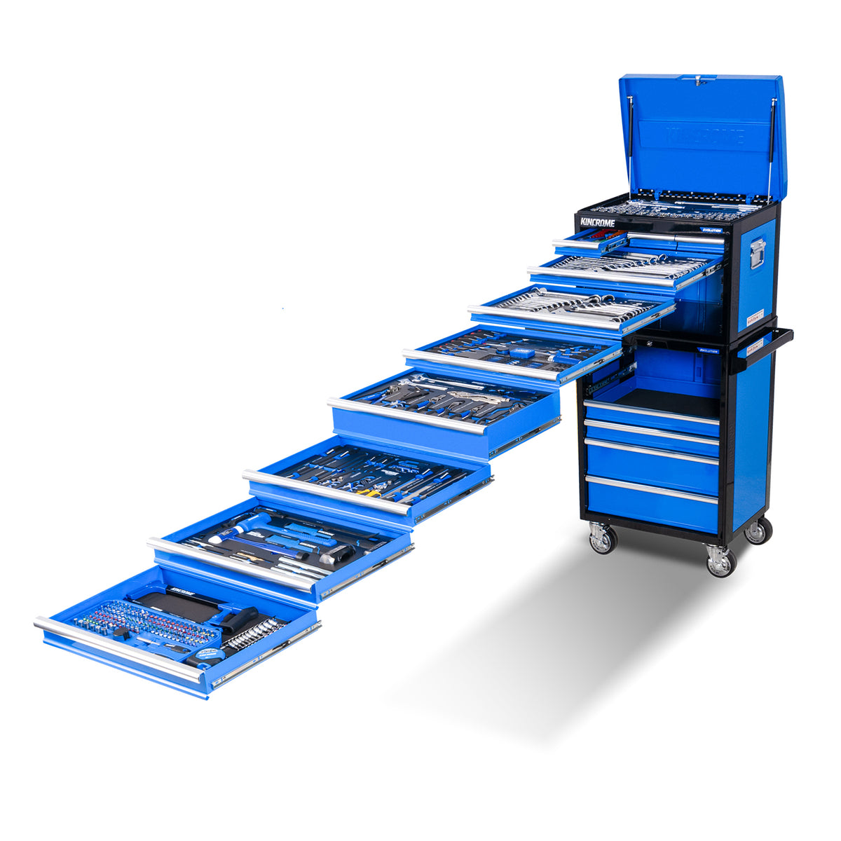 This is an image of a Kincrome blue and black tool chest with multiple open drawers showing organized mechanic tools by Kennedys Welding Supplies in Derwent Park TAS, offering tool shop and welding services.