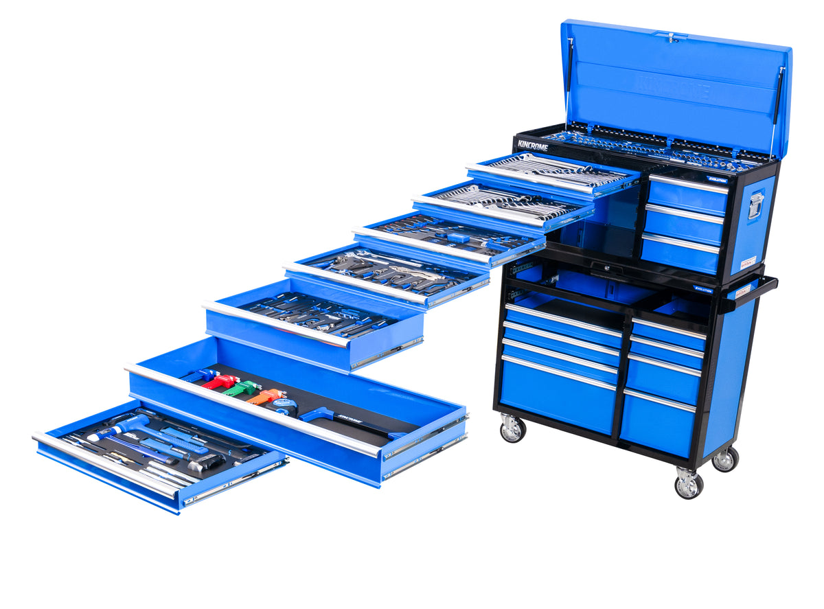 This is an image of a blue Kincrome tool chest with multiple open drawers showing organized hand tools, featured by Kennedys Welding Supplies in Derwent Park TAS offering tool shop and power tool repairs.