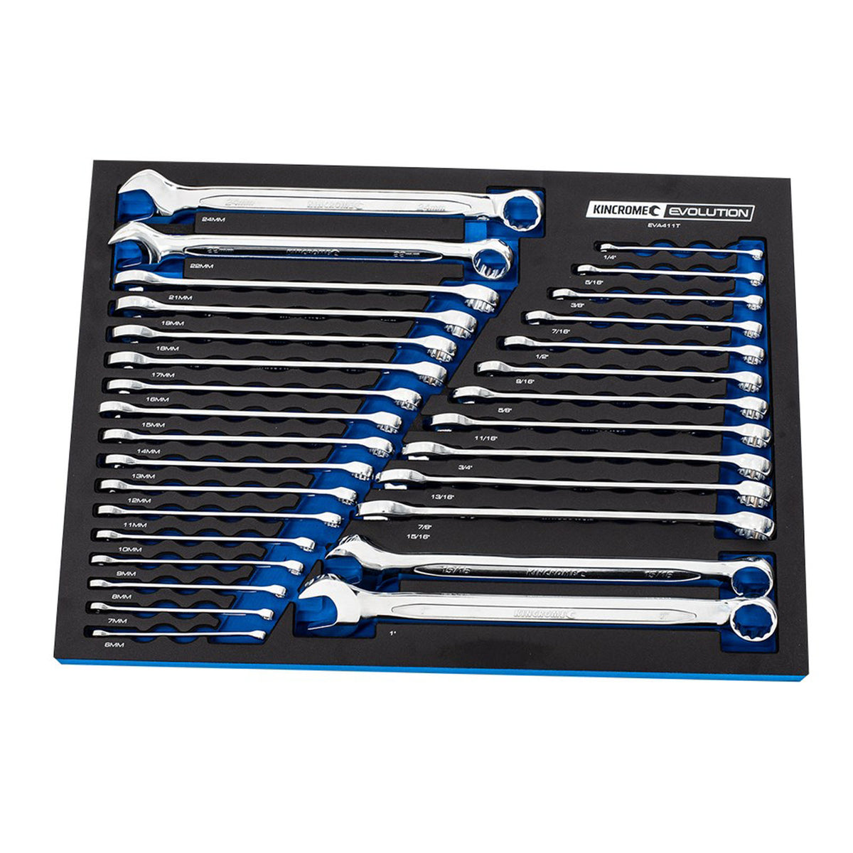 This is an image of Kincrome Evolution wrench set in foam tray by Kennedys Welding Supplies, Derwent Park TAS tool shop and welding specialists