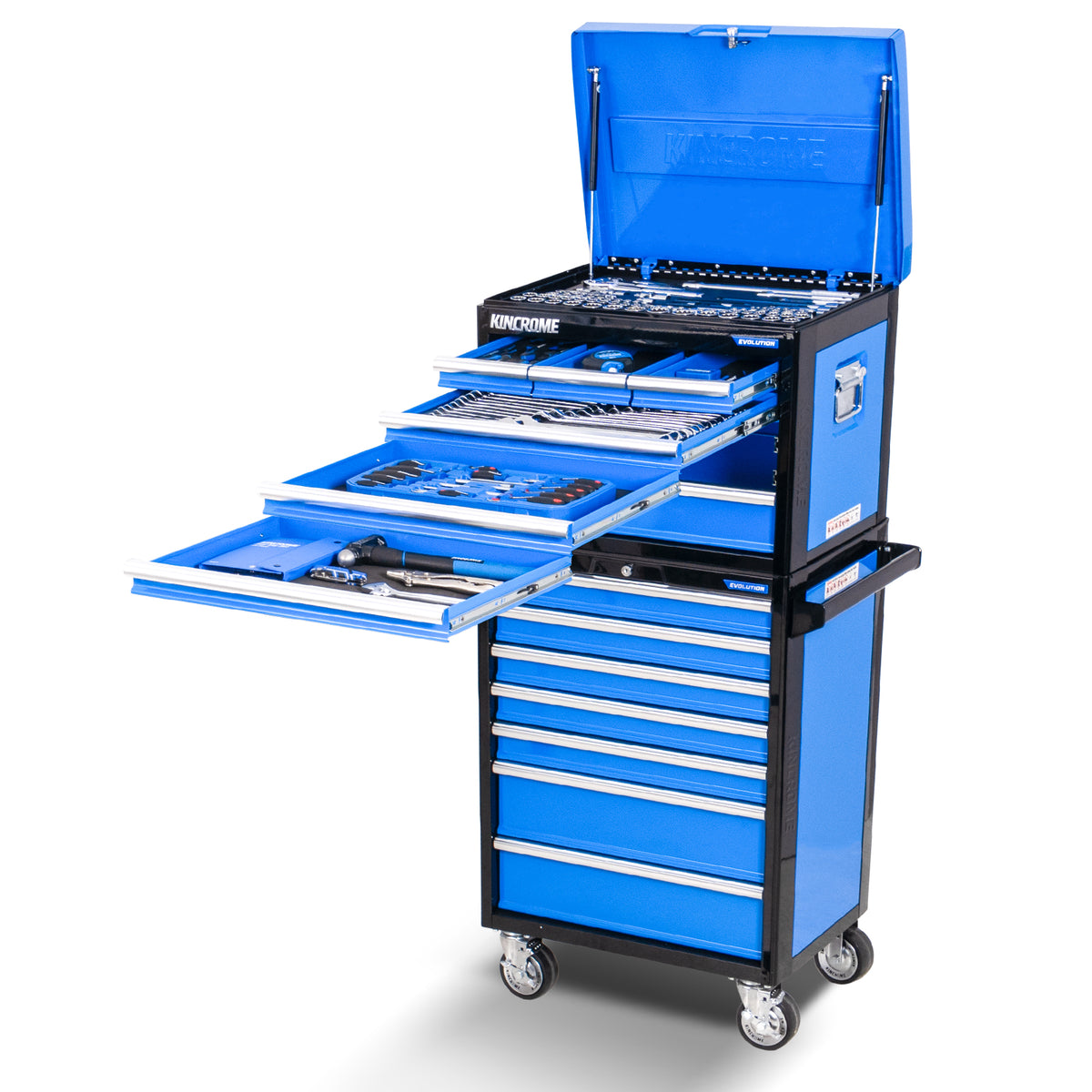 This is an image of a blue Kincrome tool chest with multiple open drawers showing hand tools, featured by Kennedys Welding Supplies in Derwent Park TAS, offering tool shop and welding specialists.