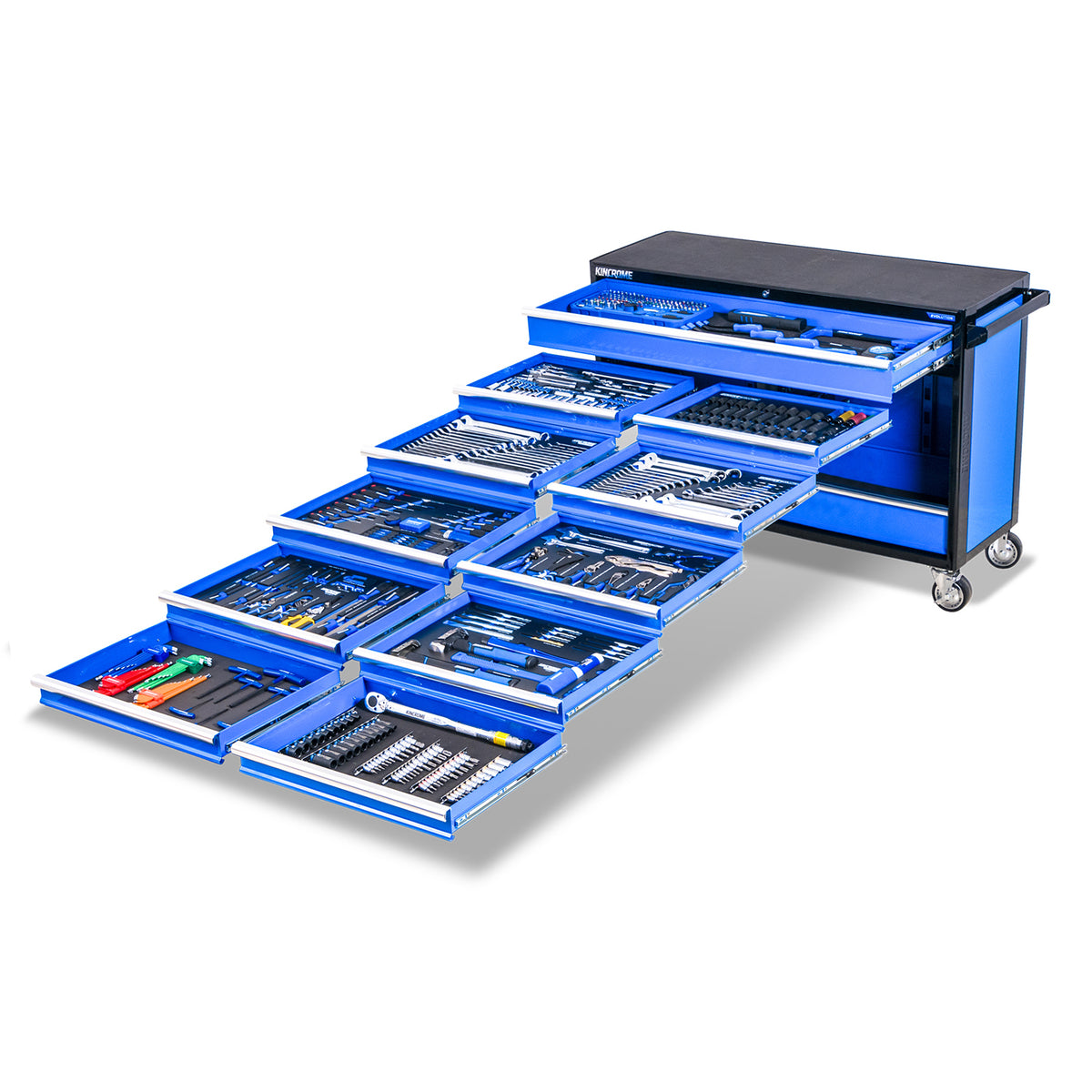 This is an image of a Kincrome blue tool chest with multiple drawers open showing organized professional tools at Kennedys Welding Supplies in Derwent Park TAS