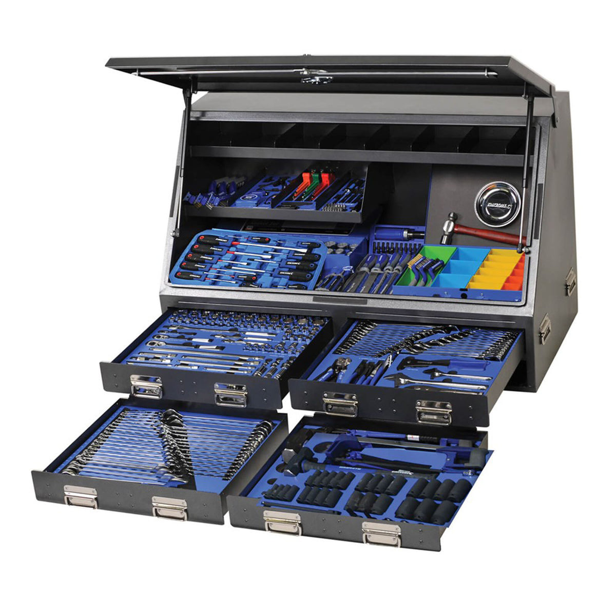 This is an image of a large organized Kincrome tool cabinet with multiple drawers open, showcasing a variety of hand tools at Kennedys Welding Supplies in Derwent Park TAS
