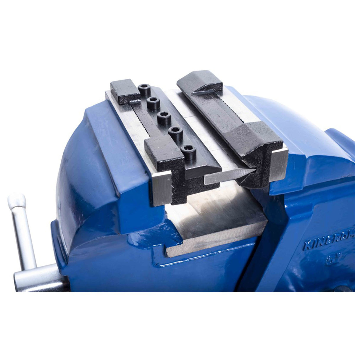 This is an image of a blue bench vise tool, showcasing metal jaws, offered by Kennedys Welding Supplies, Derwent Park TAS, welding specialists and tool shop
