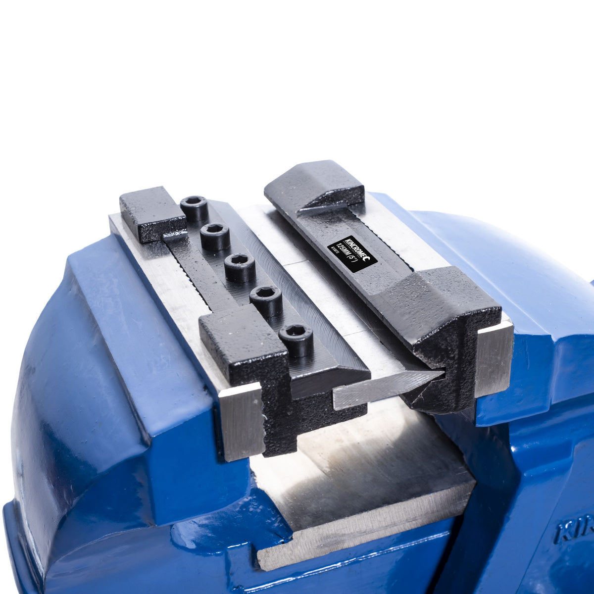This is an image of a blue metalwork bench vise with black jaws by Kincrome, featured by Kennedys Welding Supplies in Derwent Park, TAS offering tool shop and welding specialists services