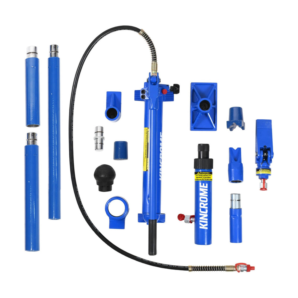 This is an image of a Kincrome hydraulic tool kit with multiple blue components, featured by Kennedys Welding Supplies in Derwent Park TAS
