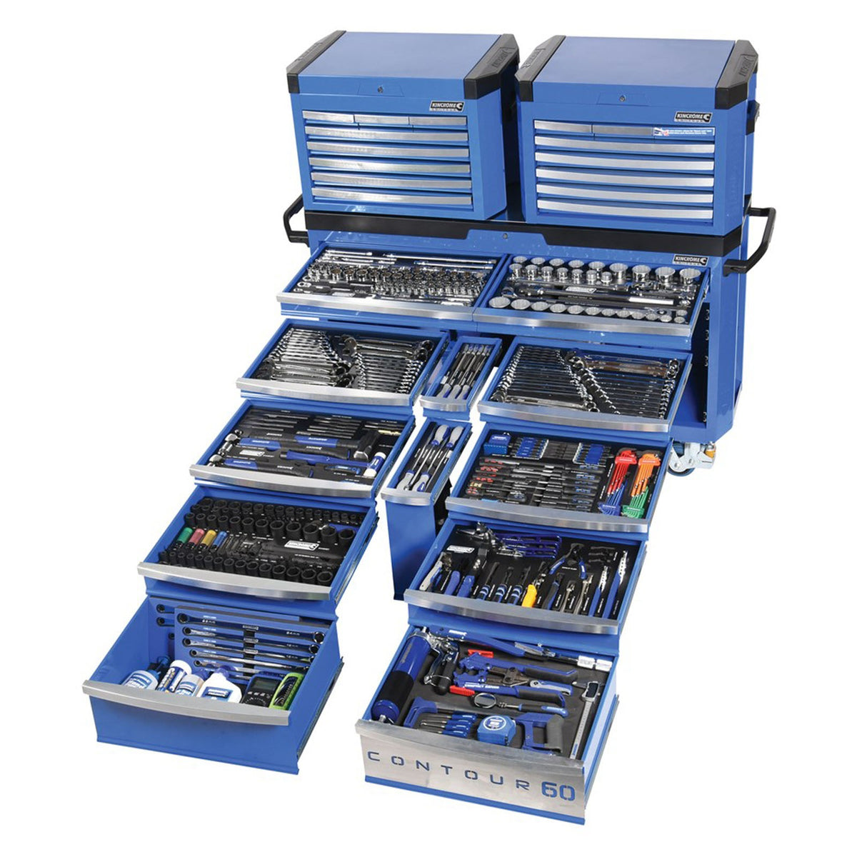This is an image of a Kincrome Contour 60 blue tool chest fully opened showing organized wrenches, sockets, and hand tools, from Kennedys Welding Supplies in Derwent Park TAS offering tool shop and welding specialists