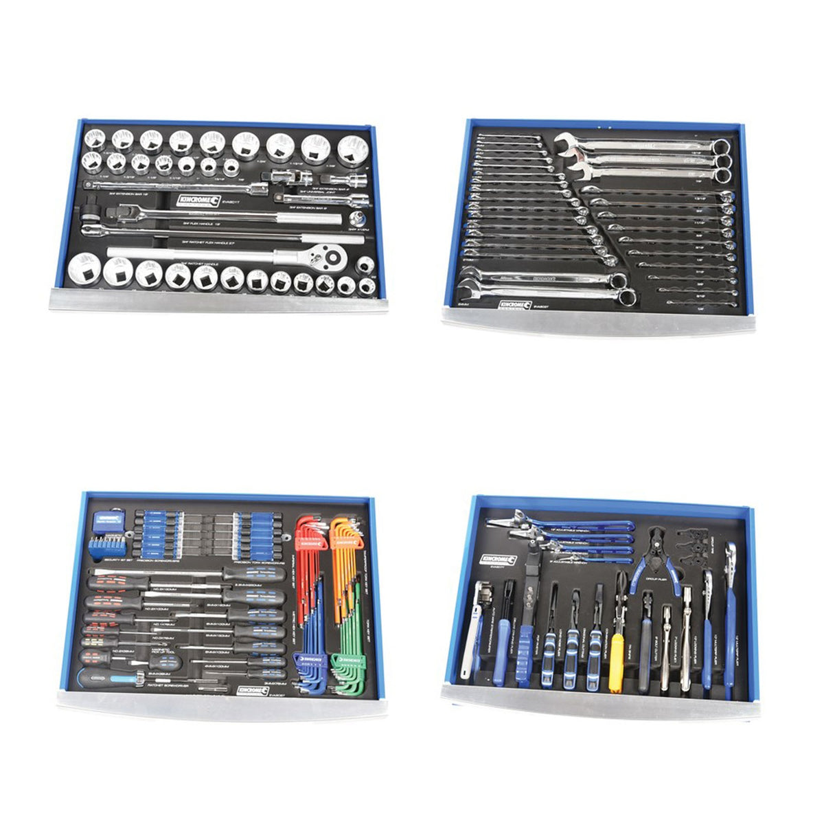 This is an image of four organized Kincrome tool trays with sockets, wrenches, hex keys, and pliers from Kennedys Welding Supplies in Derwent Park TAS
