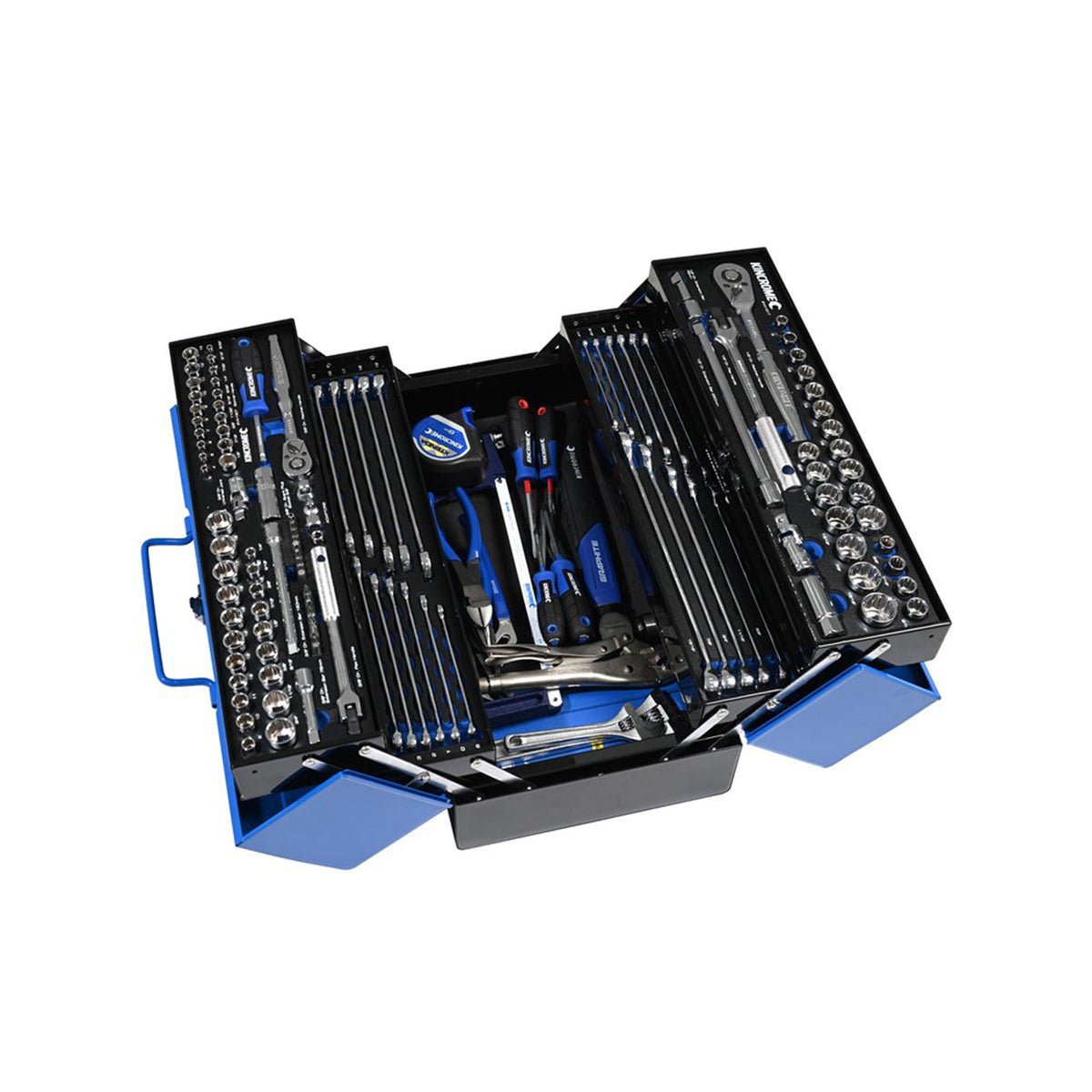 This is an image of a comprehensive blue and black tool kit box with sockets, wrenches, pliers, and a tape measure, from Kennedys Welding Supplies in Derwent Park TAS offering welding specialists and tool shop services