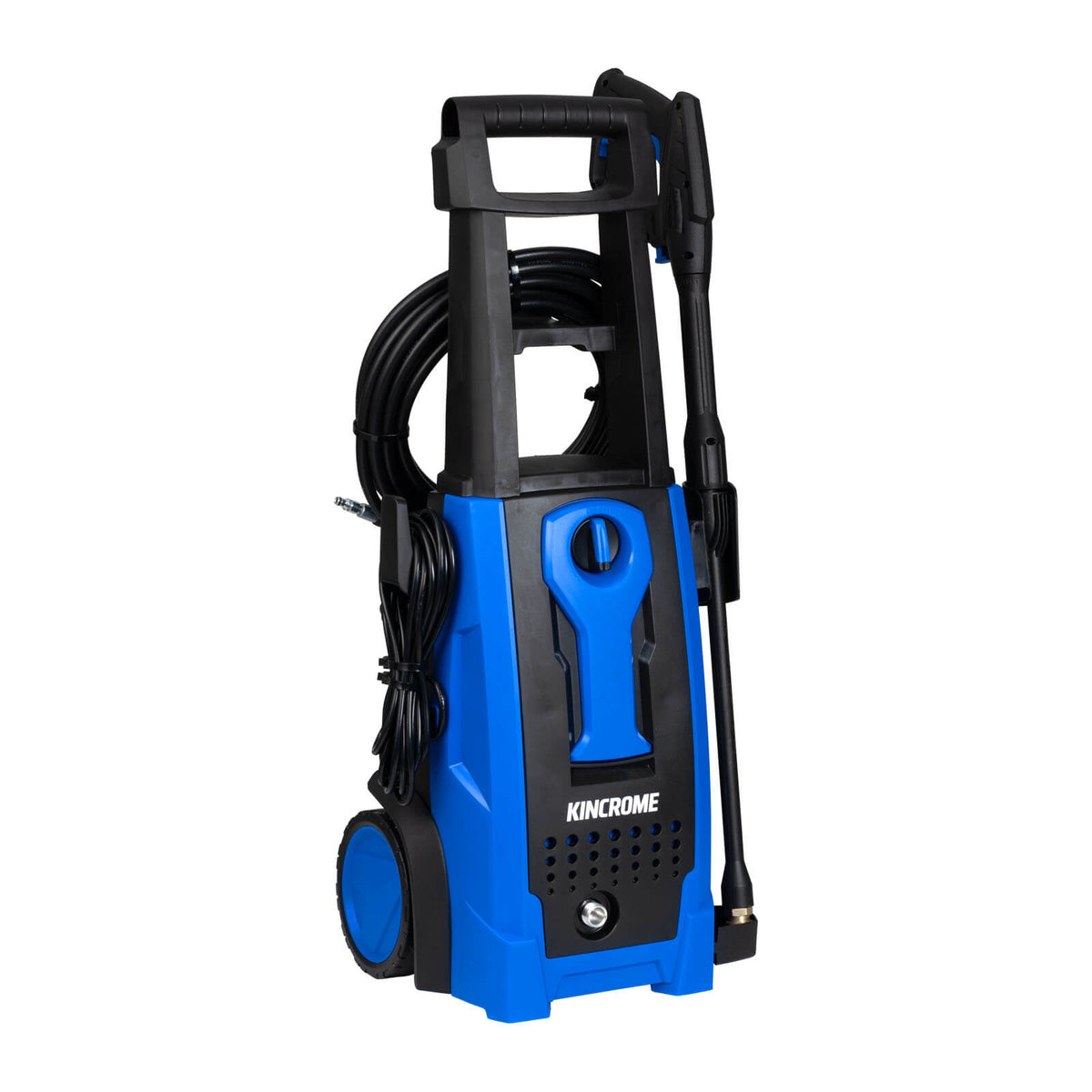 This is an image of a blue and black Kincrome pressure washer with hose and spray gun, offered by Kennedys Welding Supplies in Derwent Park TAS, specialists in tool shop, power tool repairs, welding services.