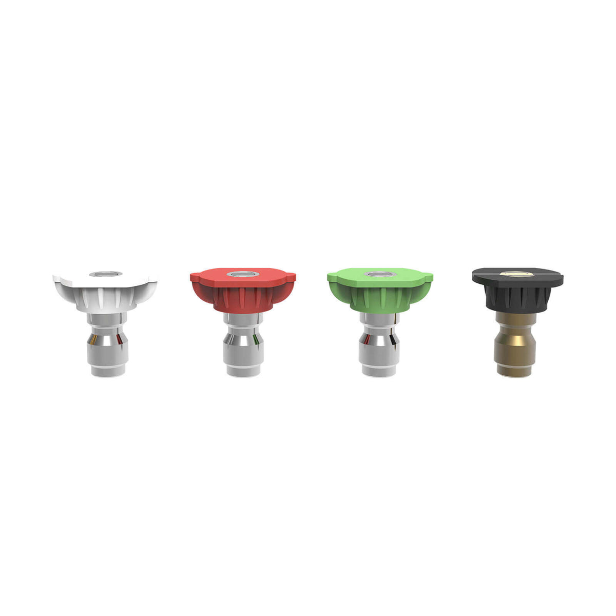 This is an image of four MIG welder nozzles in white, red, green, and black at Kennedys Welding Supplies in Derwent Park TAS