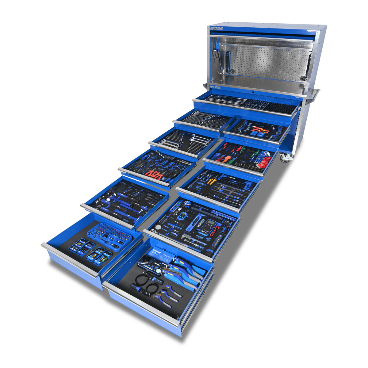 This is an image of a Kincrome blue tool chest with multiple open drawers showing organized hand tools, featured by Kennedys Welding Supplies in Derwent Park TAS offering tool shop and welding specialists.