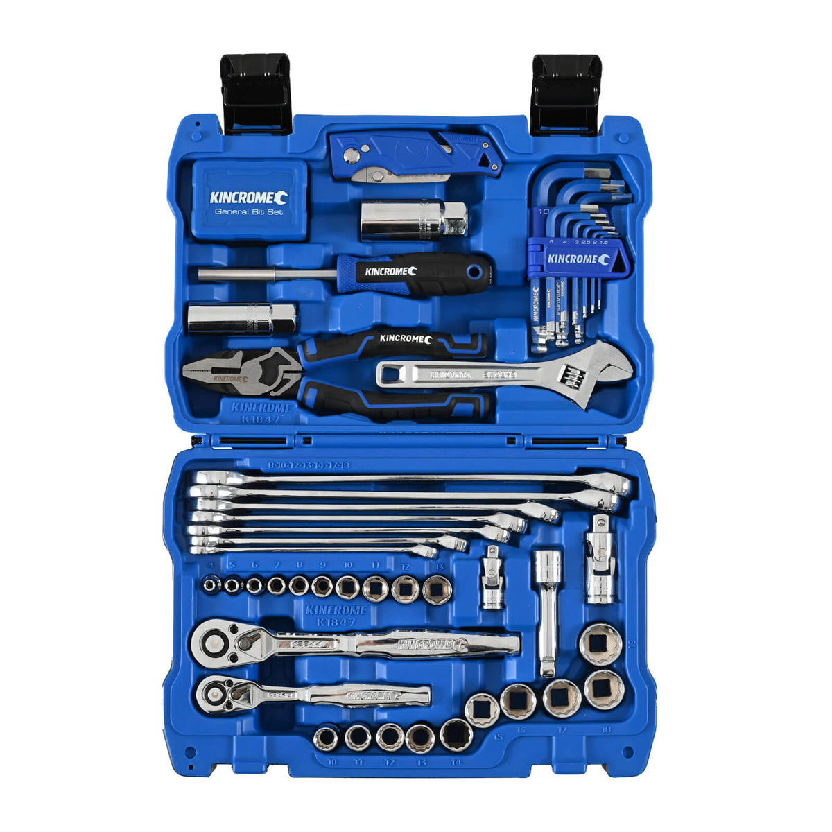 This is an image of a Kincrome tool set in a blue case featuring wrenches, pliers, and hex keys, offered by Kennedys Welding Supplies in Derwent Park TAS